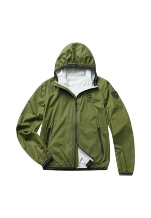 Giacca a vento verde con cappuccio, dotata di una fodera interna bianca a contrasto, tasche con zip e polsini elasticizzati. Materiale morbido e leggero.