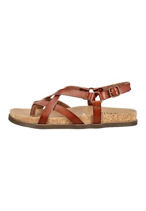 Sandale en cuir marron avec semelle en liège, bride de cheville réglable, et brides croisées sur les orteils, semelle plate en caoutchouc.
