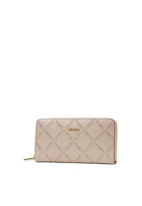 Portafoglio in pelle beige con motivo a rombi e logo impresso, chiuso con una zip dorata. Design elegante e stiloso per accessori.