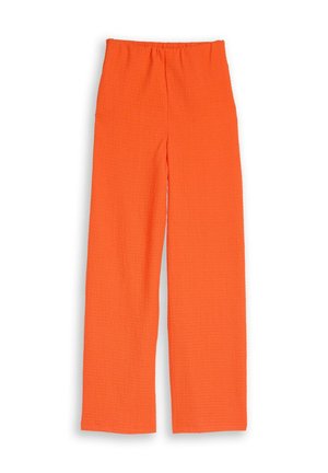 Helle orange strukturierte Weitbein-Hose mit elastischem Bund, flach auf weißem Hintergrund dargestellt.