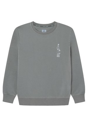 Graues Sweatshirt mit langen Ärmeln und Rundhalsausschnitt, kleines weißes Motiv einer Person mit Skateboard und dem Schriftzug "PEPE" auf der linken Brust.