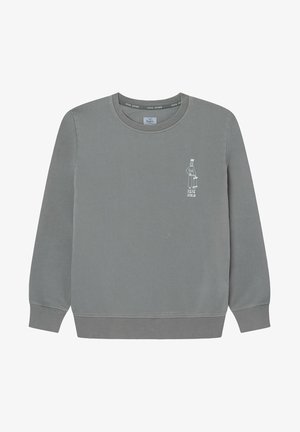 Sweat-shirt gris à manches longues avec col rond, petit graphisme blanc représentant une personne tenant un skateboard et le texte "PEPE" sur la poitrine à gauche.