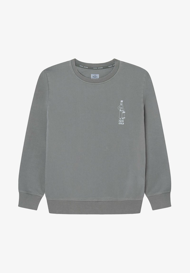 Sweat-shirt gris à manches longues avec col rond, petit graphisme blanc représentant une personne tenant un skateboard et le texte "PEPE" sur la poitrine à gauche.