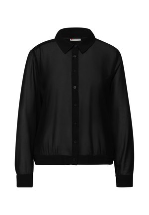 Chemise noire à manches longues avec col, boutons sur le devant et poignets élastiques. Fabriquée dans un tissu léger et lisse sans motifs.