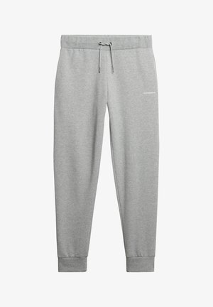 Szare dresowe spodnie z dzianiny, z nadrukiem na talii, mankietami u dołu i subtelnym logo na udzie. Miękka faktura i luźny krój.