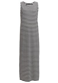 Robe longue sans manches à rayures horizontales noires et blanches, avec un col rond et une coupe droite.
