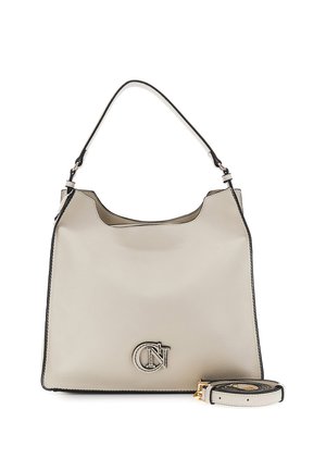 Borsa a mano in pelle beige con rifiniture nere, manico superiore singolo, tracolla removibile e logo circolare CN impresso al centro frontale.