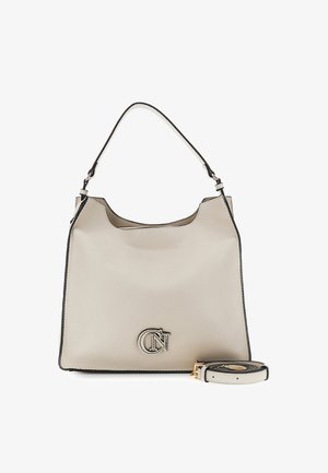 Béžová kožená kabelka s černými lemy, jednoručním madlem nahoře, odnímatelným ramenním popruhem a vyraženým kulatým logem CN uprostřed vpředu.