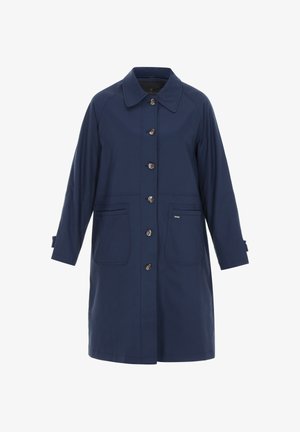 Tmavě modrý plášť proti dešti s knoflíkovým zapínáním, dvěma předními kapsami, límcem s rozšířenými klopami a tříčtvrtečními rukávy. Hladká, voděodolná látka.