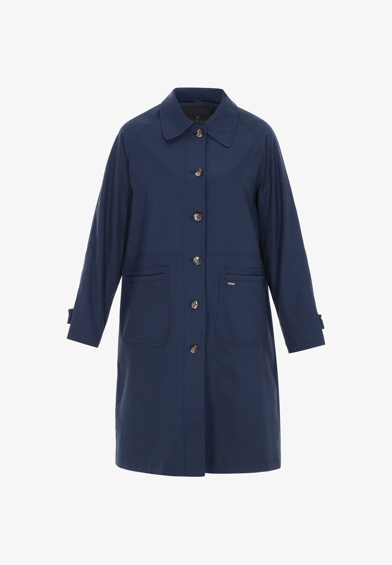 Navyblauer Regenmantel mit Knopfleiste, zwei Fronttaschen, einem Hemdkragen und dreiviertellangen Ärmeln. Glatter, wasserabweisender Stoff.