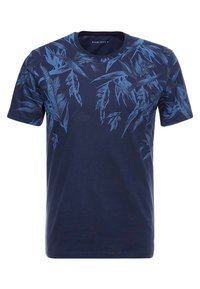T-shirt en coton bleu marine avec un motif de feuilles ton sur ton, col rond et manches courtes. Texture douce et coupe décontractée.