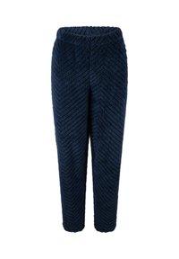 Navyblaue Plüschhose mit Chevron-Muster, ausgestattet mit einem elastischen Bund und einem weichen, strukturierten Stoff. Schmal zulaufendes Bein-Design.