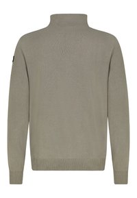 Light gray, long-sleeve pullover sweater with a high neck, ribbed cuffs, and hem. Features a subtle texture and minimalistic design.