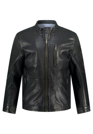 Chaqueta de cuero negro con cuello alzado, cierre frontal de cremallera y bolsillos con cremallera. Presenta una textura suave y un corte ajustado.