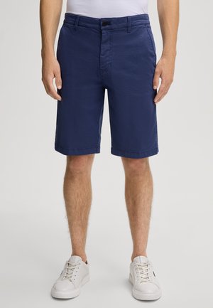 Marineblaue Shorts aus strukturiertem Stoff mit einem Knopfverschluss und Gürtelschlaufen. Umgeschlagene Säume und Taschen vorne und hinten.