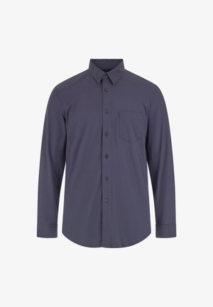 Long-sleeve button-up shirt in dark navy fabric, featuring a pointed collar, single chest pocket, and black buttons. Smooth texture.