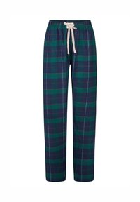 Kostkované volnočasové kalhoty v tmavě zelené a námořnické modré barvě, s pasem na šňůrku a měkkým, prodyšným materiálem. Rovný střih nohavic s bílými šicími detaily.