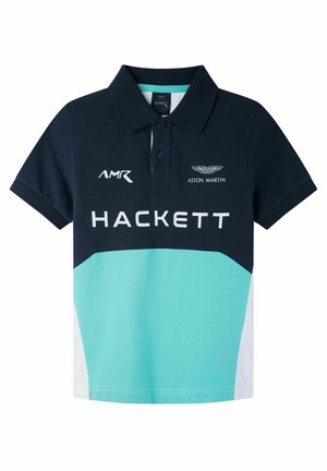Navy blauwe en aqua korte mouwen polo shirt met kraag. Voorzien van Aston Martin en Hackett logo's. Zacht katoenen stof met een gekleurd blokontwerp.