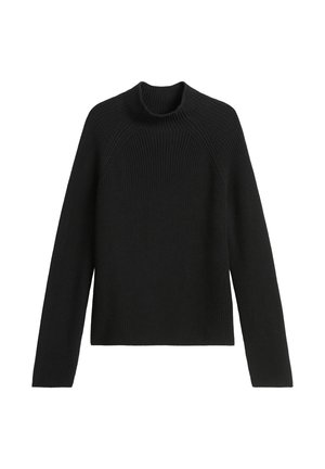 Schwarzer Strickpullover mit hohem Kragen, Rippstruktur und langen Ärmeln. Verfügt über ein Raglannaht-Design für zusätzlichen Stil.