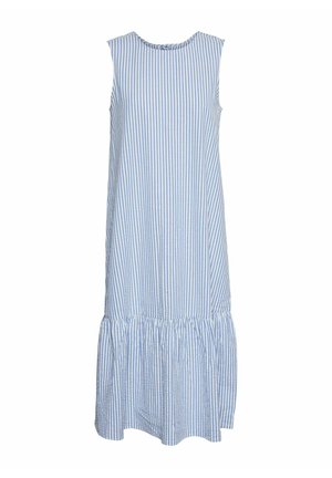 Blauw-wit gestreepte mouwloze jurk met een ronde halslijn en een ruchezoom. Lichtgewicht stof met een ontspannen pasvorm.