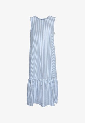 Robe sans manches à rayures bleues et blanches, avec un col rond et un ourlet volanté. Tissu léger avec une coupe décontractée.