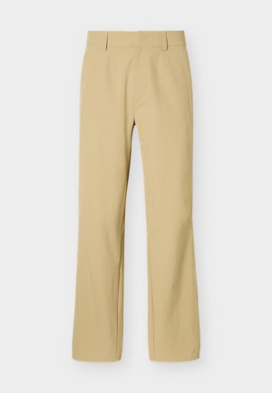 Beige straight-leg pants with belt loops and a flat front, displayed against a plain light background.