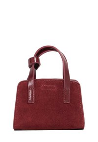 Mini handbag made of burgundy suede with glossy leather handles. Features a rectangular shape and subtle stitching details.