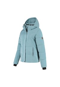 Lichtblauwe gewatteerde winterjas met een vast capuchon, vooraan voorzien van een ritssluiting en drukknoopsluiting, en zwarte binnenmanchetten.