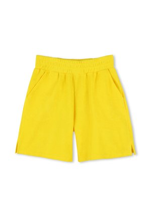 Pantaloni corti gialli con vita elastica, tasche laterali e fessure laterali. Realizzati in un tessuto morbido, presentano un design semplice e casual.