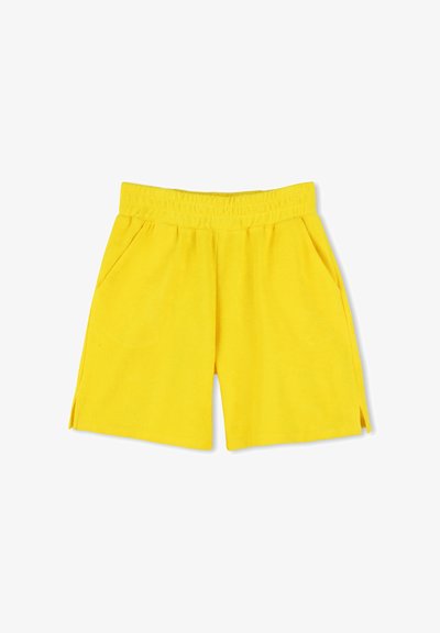 Pantaloni corti gialli con vita elastica, tasche laterali e fessure laterali. Realizzati in un tessuto morbido, presentano un design semplice e casual.