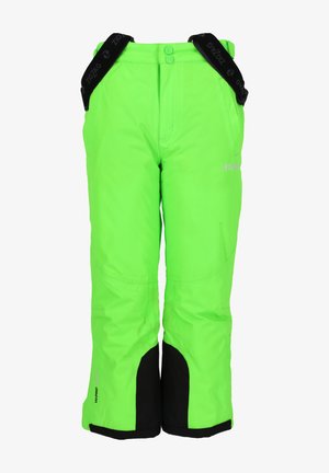 Felgroene skibroek met zwarte accenten aan de onderkant, verstelbare banden, een gladde textuur en een waterdicht ontwerp. Voorzien van logo-details.
