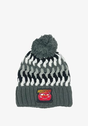 Knitted beanie in gray, black, and white with a textured pattern. Features a plush pom-pom on top and a red Lightning McQueen patch on the cuff.
