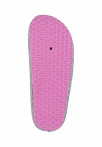 Pink rubber insole with a hexagonal pattern on the bottom and a gray fabric lining along the edges. Center hole present.