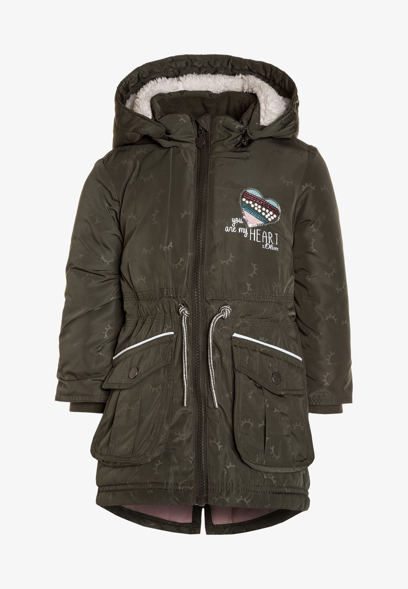 Manteau d'hiver à capuche pour enfants, vert foncé, avec fermeture éclair frontale, cordons de taille réglables, deux poches à rabat et broderie en forme de cœur portant l'inscription « Tu es mon cœur ».