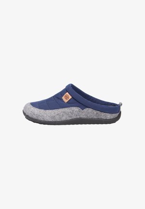 Navy blue slip-on clog with a grey felt front, quilted texture, rubber sole, and a small branded tag on the side.
