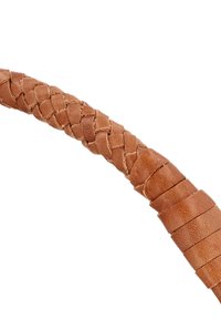Braided brown leather strap, featuring a smooth texture and flat segments, with intricate weaving patterns along its length.