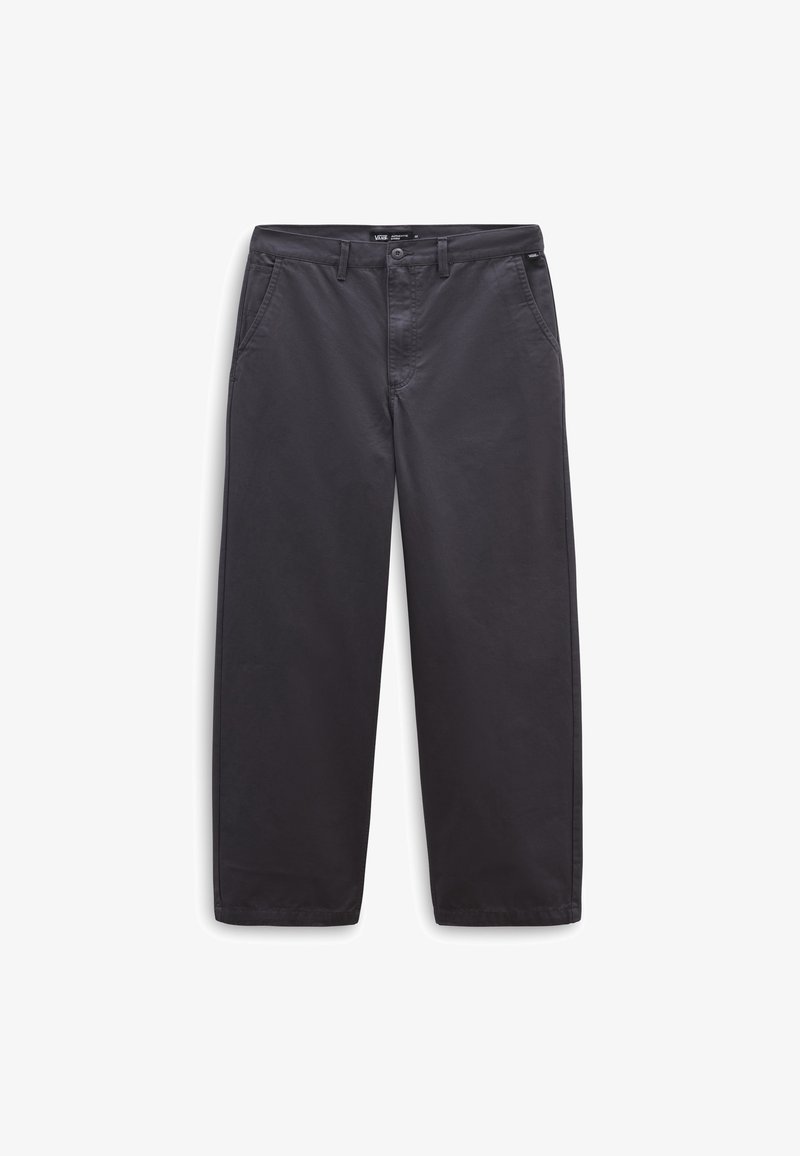 Black, wide-leg trousers made of cotton. Features front pockets, belt loops, and a button fly. Smooth texture and casual design.