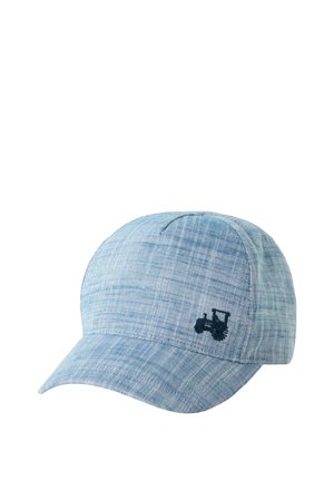 Hellblaue, strukturierte Baseballmütze mit kleinem schwarzem, besticktem Traktor-Logo auf der vorderen linken Seite.