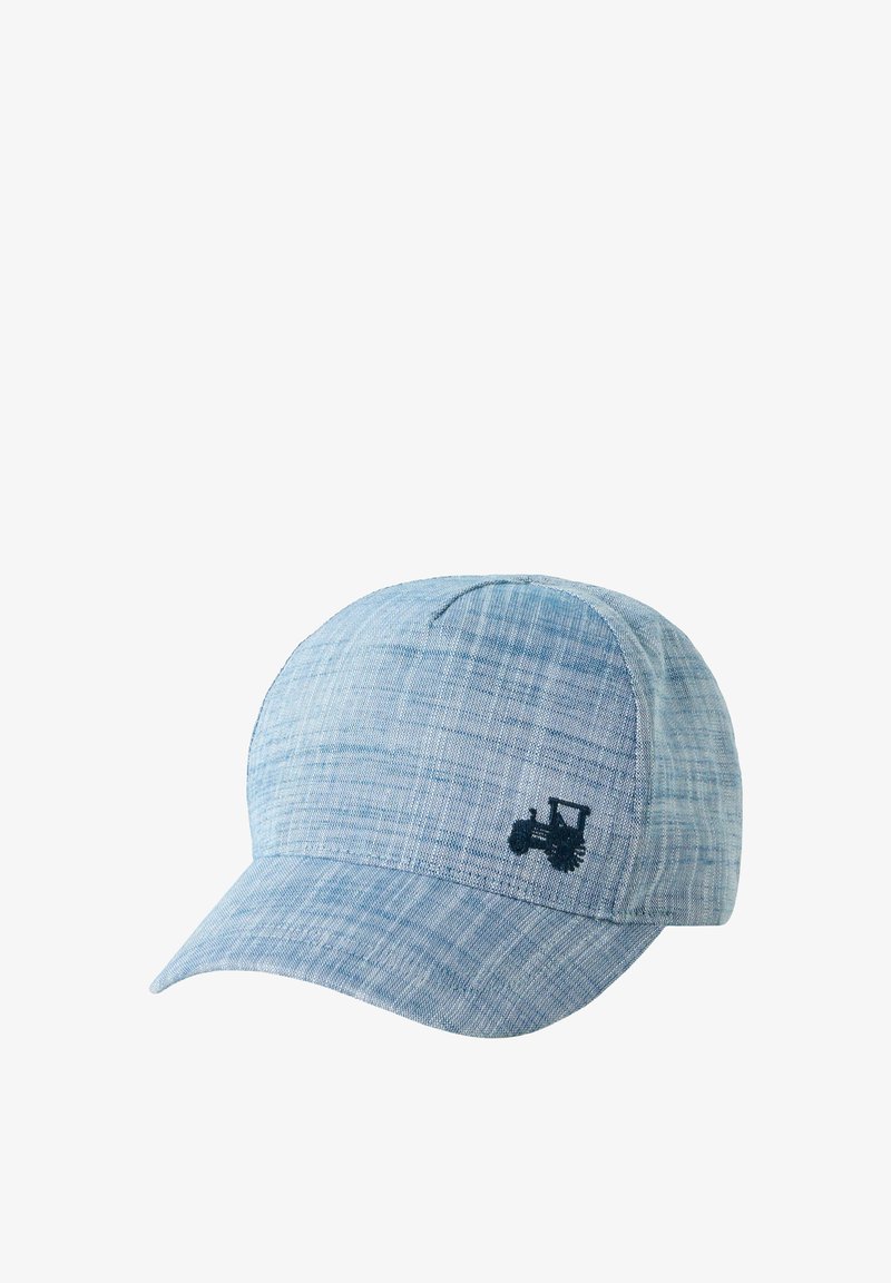Hellblaue, strukturierte Baseballmütze mit kleinem schwarzem, besticktem Traktor-Logo auf der vorderen linken Seite.