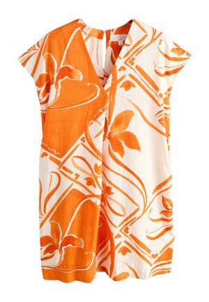Leinenkleid mit kurzen Ärmeln, orange-weißen abstrakten Blumen- und geometrischen Mustern, V-Ausschnitt und lockerem Schnitt.