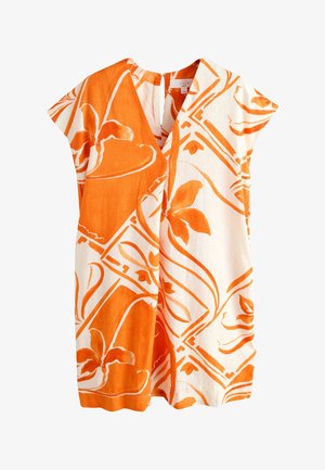 Kortærmet hørkjole med abstrakte blomster- og geometriske mønstre i orange og hvid, V-udskæring og løs pasform.