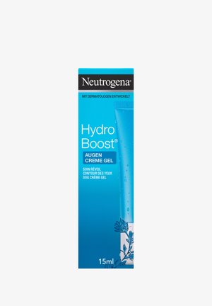 Neutrogena Hydro Boost Augencreme, 15ml Tube. Helle blaue Verpackung mit glänzender Oberfläche und Wassertropfen-Muster. Weiße Schrift auf der Seite.
