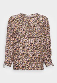 Blusa preta com padrão floral, decote redondo, mangas longas e detalhes franzidos. Apresenta flores coloridas em rosa, amarelo e vermelho.