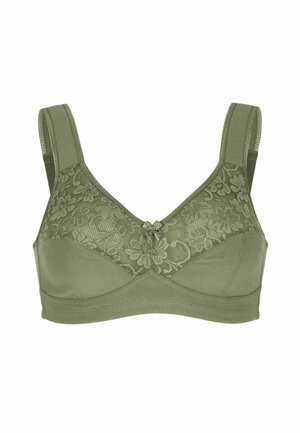Olijfgroene beha met kantdetails op de cups, zachte stof, brede verstelbare bandjes en een klein strikje accent in het midden voor.
