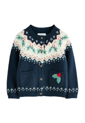 Cardigan tricotat bleumarin cu modele de ilex și boabe de culoare albă, verde și roșie, cu închidere cu nasturi și două buzunare frontale, unul având broderie cu ilex.