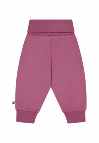 Roze sweatpants met een brede tailleband, taps toelopende benen, ribbelmansetten en een klein multikleurig label op de zoom. Zachte textuur, casual ontwerp.