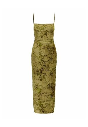 Robe midi sans manches vert olive avec fines bretelles et un motif floral subtil sur l'ensemble du tissu.