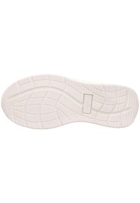 Weißer Sneakersohlen mit strukturierten Profilmustern und Rillen, mit einem zentral eingeprägten Markenlogo und einer glatten, robusten Oberfläche.