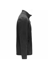 Giacca in pile grigio scuro con colletto alto, maniche lunghe e tasca laterale con zip. Tessuto morbido e design snello.