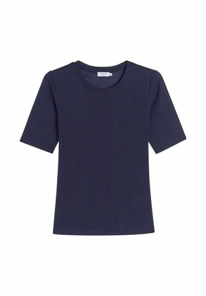 T-shirt bleu marine à manches courtes avec un col rond. Texture douce et lisse et design droit. Pas de motifs ni d'accents visibles.